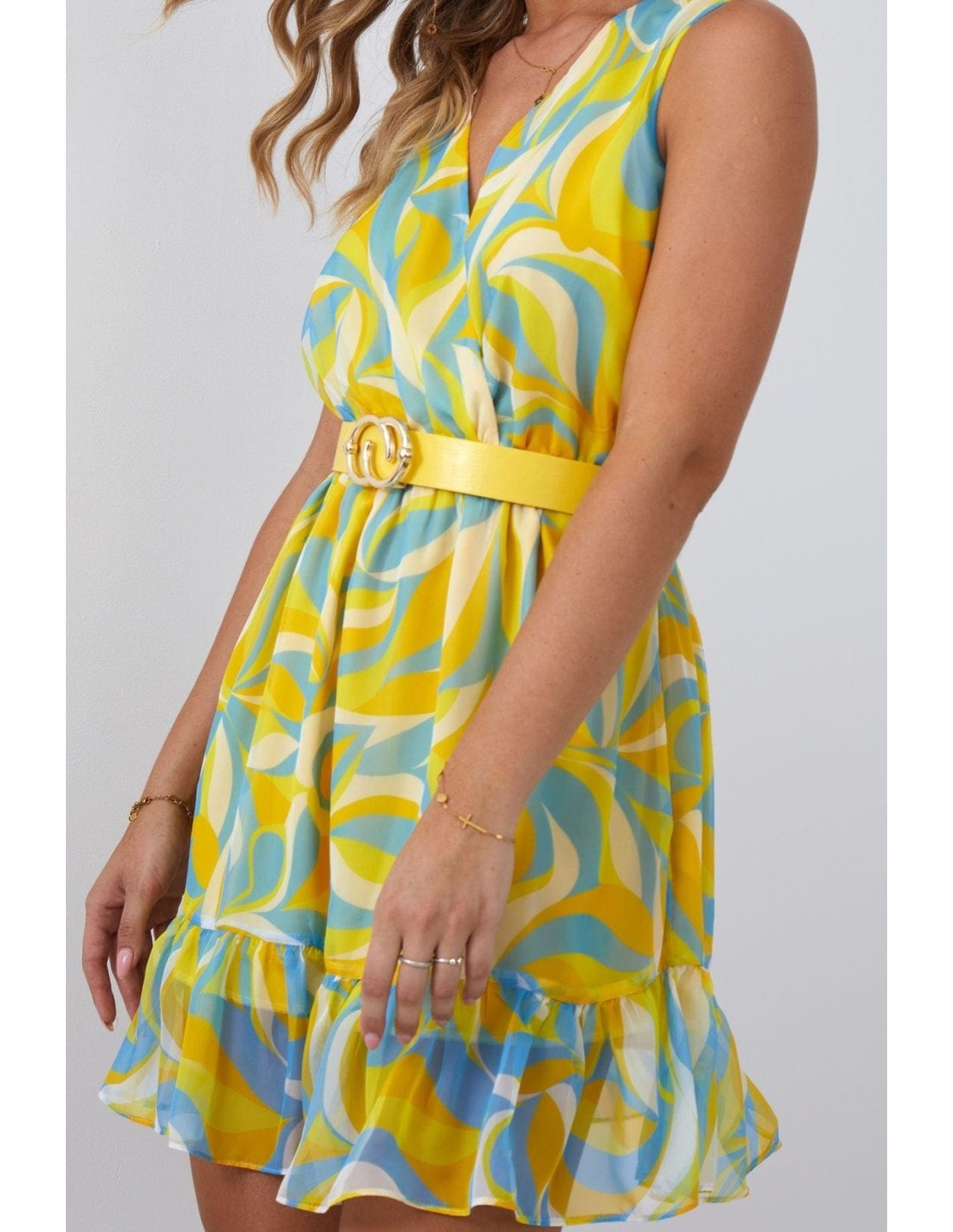 Light patterned dress with a belt, blue and yellow 03040 - Online store - Boutique